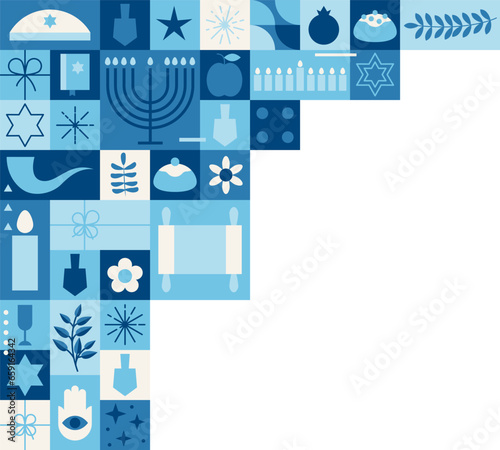 Hanukkah blue background with wooden dreidels, donuts, gift boxes and menorah (traditional Candelabra). Happy Hanukkah, Jewish holiday background