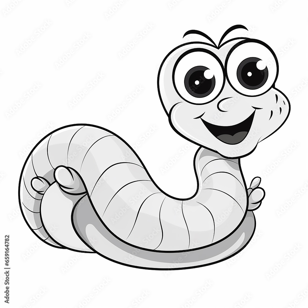 Fototapeta premium Illustration of a smiling worm in black and white coloring, generative ai