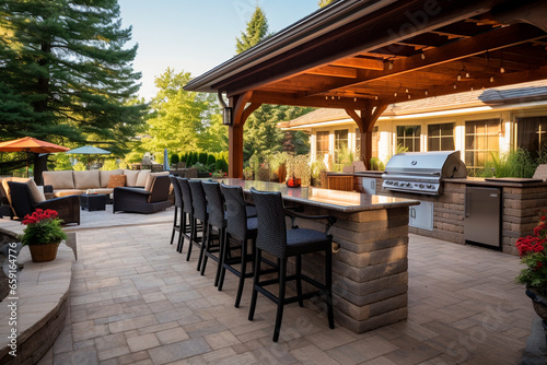 outdoor patio entertainment area with a built - in barbecue and a bar setup