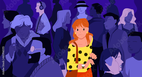 Sad girl lost in city crowd vector illustration. Cartoon depressed teen introvert feeling burnout, anxiety and loneliness due to social indifference, young unhappy woman with emotional problems photo