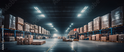 A Large long Logistics Warehouse Filled With boxes photo