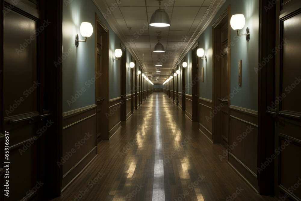 Lengthy medical hallway with doors, wall lights. Generative AI