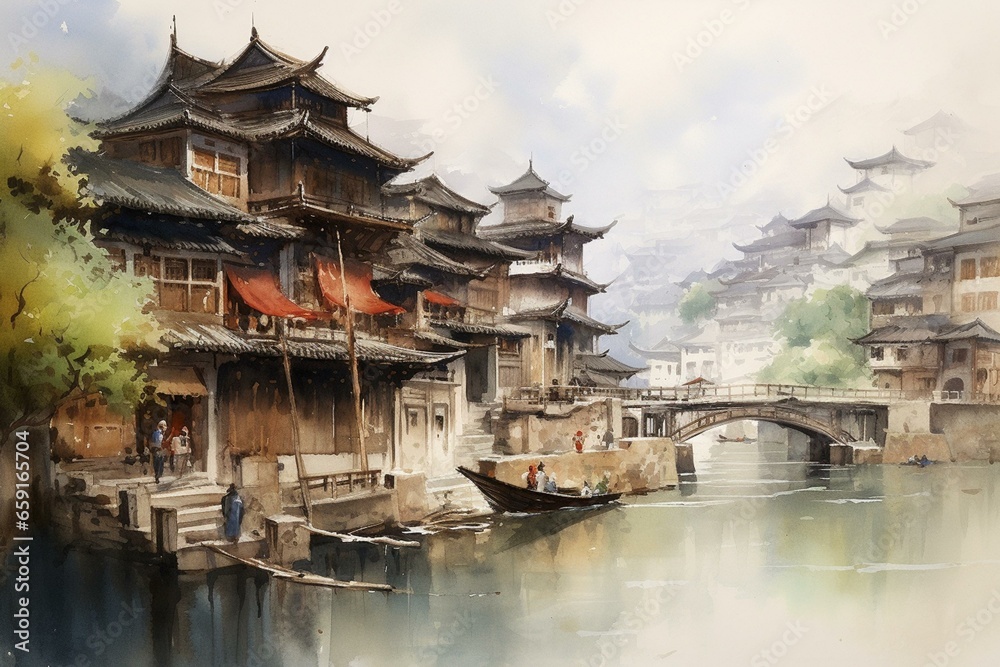 Watercolor painting of a cityscape in China with a river boat, bridge, and charming buildings. Generative AI