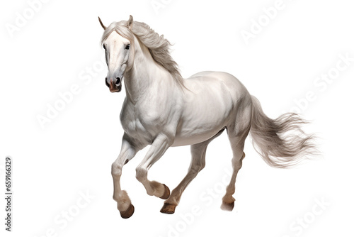Horse isolated on transparent background running. Animal left side portrait. 