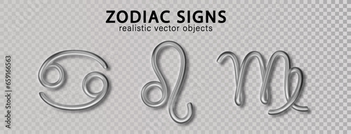 Zodiac silver signs Cancer, Leo, Virgo, with shadow isolated on transparent background. Luxury 3d realistic signs for astrology horoscope predictions