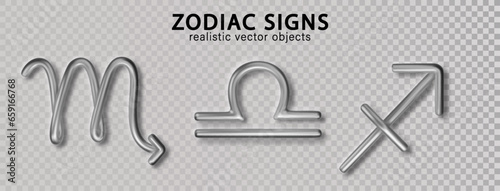 Zodiac silver signs Libra, Scorpio, Sagittarius, with shadow isolated on transparent background. Luxury 3d realistic signs for astrology horoscope predictions
