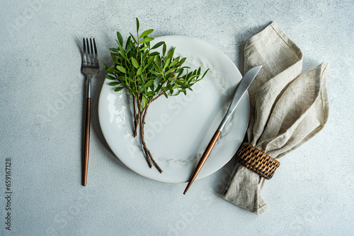 Table decoration with fresh pistachio plant photo