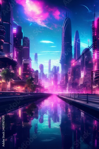 City skyline at night. Futuristic neon city streets. Urban nightscape. 