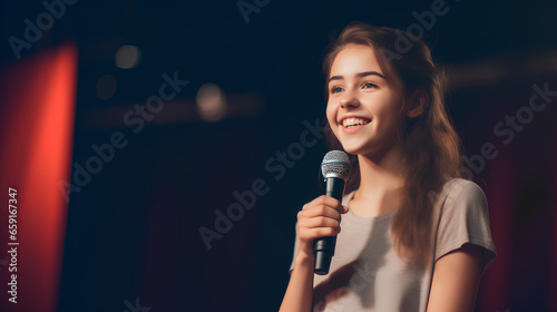 Young woman engaged in a heartfelt, first-time public speaking event, a candid coming of age moment filled with genuine emotion, graduation, event,