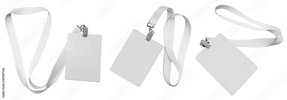 Set. Plastic badge. ID card with white ribbon. Template designed for employees and guests of company. Can be used for shows, events, concerts and performances. Or for speakers and organizers. - obrazy, fototapety, plakaty 