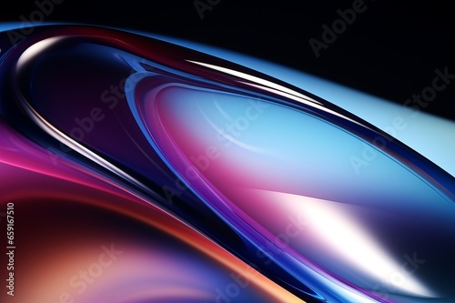 Abstract background with waves. Rounded glass surface in neon colors on a dark background.