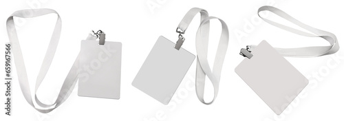 Set. Plastic badge. ID card with white ribbon. Template designed for employees and guests of company. Can be used for shows, events, concerts and performances. Or for speakers and organizers.