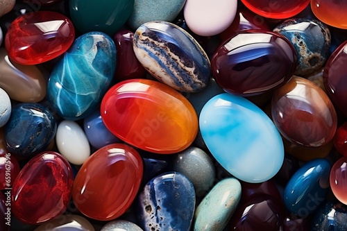 Top view of shiny small and big sphere shape colorful stones in vibrant graduated color hues.