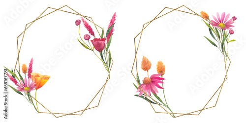 Watercolor illustration of wildflower wreath with golden lines. Floral template with space for text. Hand drawn california poppies, dried flowers for design cards, invitations, backgrounds. photo