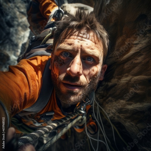 Climber alpinist, portrait on rock, close up from above. Out door activities, extreme sports, adrenaline 