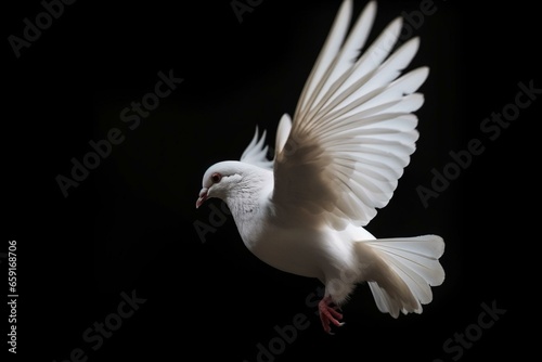 Pure dove in flight against a dark backdrop. Symbol of freedom and innocence. Generative AI