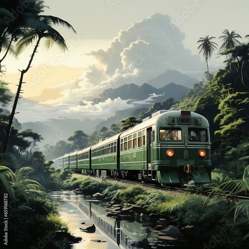 A white train on a green background