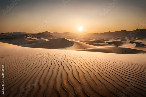 A sunset in the desert with the sun setting over the dunes          Majestic Desert Sunset with Sun Setting Over Dunes 