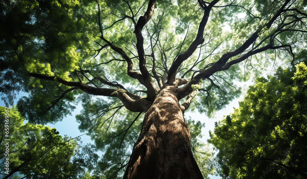 Naklejka premium Huge tree in the forest, seen from below. AI generated