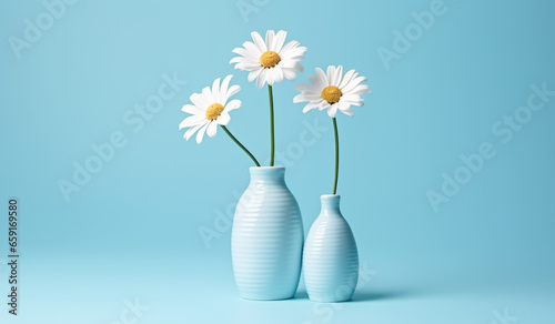 Branch of daisies on sky blue background. Minimalist concept. AI generated