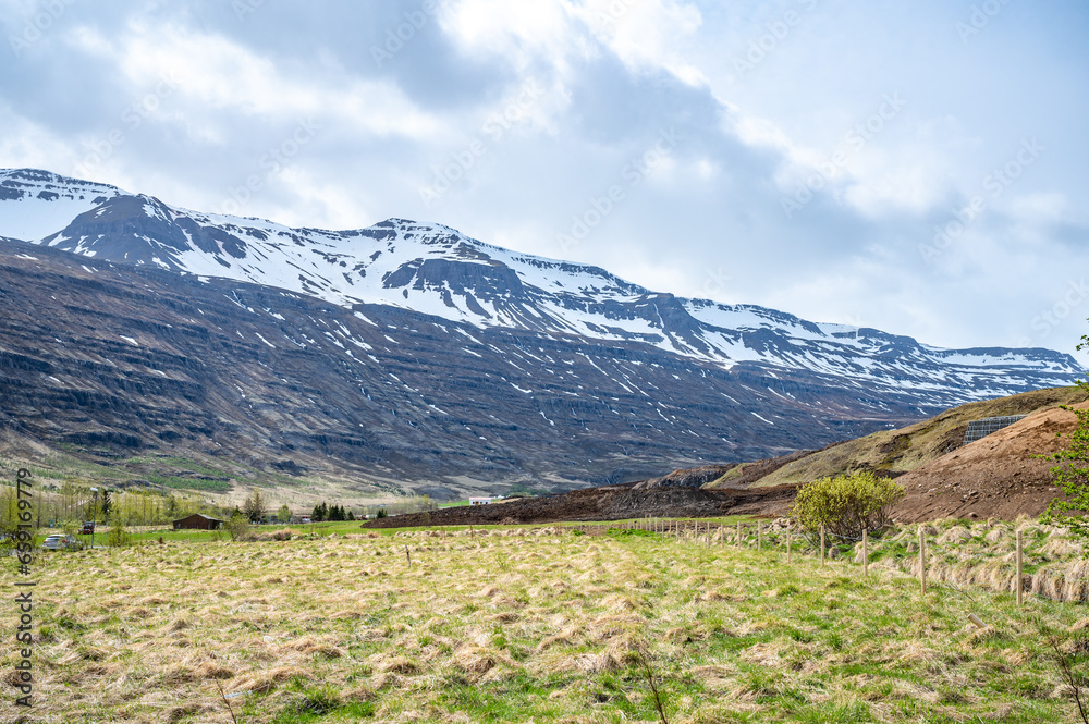 Snow mountain range at Seydisfjordur, Iceland with meadow in front