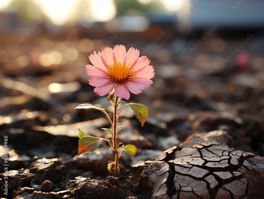 A yellow flower stands in a cracked dirt