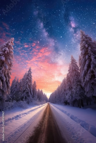 Road leading towards colorful sunrise between snow covered trees with epic milky way on the sky © Fred