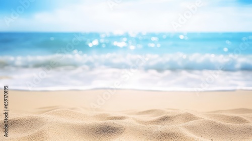 Seascape abstract beach background blur bokeh light of calm sea and sky Focus on sand foreground 