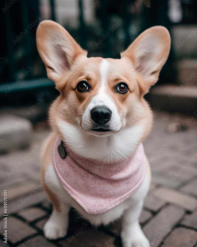 Welsh corgi dog in a pink scarf on a city street Welsh corgi dog in a pink scarf on a city street