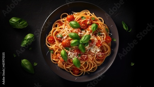 Delicious appetizing classic italian spaghetti pasta with tomato sauce, parmesan cheese and basil on plate on dark table. Top view, horizontal. Copy space. Food blog, restaurant, menu, cafe, banner.