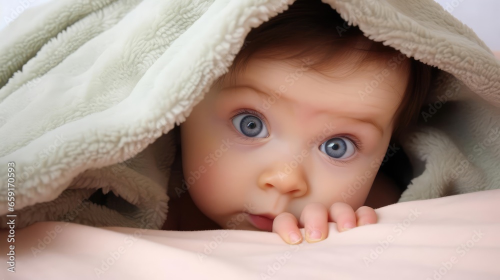 beautiful baby looking out from under blanket beautiful baby looking out from under blanket