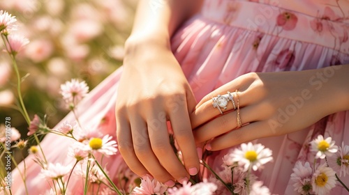 Pink woman holding beautiful wild flowers photo