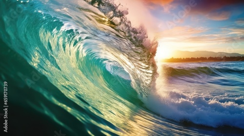 breaking colorful ocean wave falling down at sunset time 