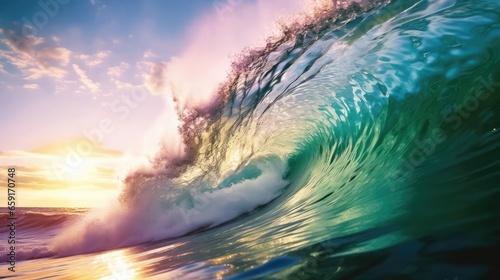 breaking colorful ocean wave falling down at sunset time 