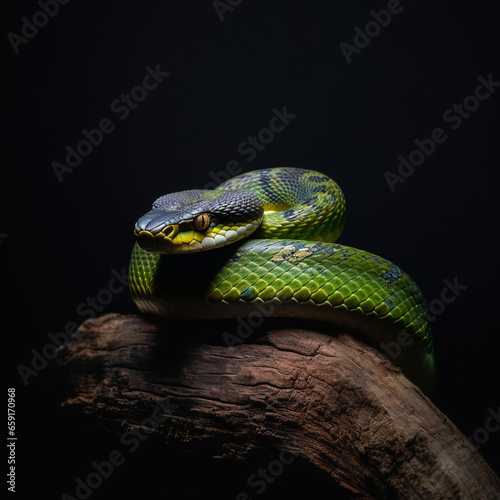 close-up portrait of green snake on black background, generative ai