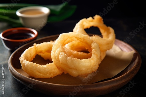 A snack consisting of crispy deep-fried rings made from onions served with a flavorful dipping sauce. Generative AI