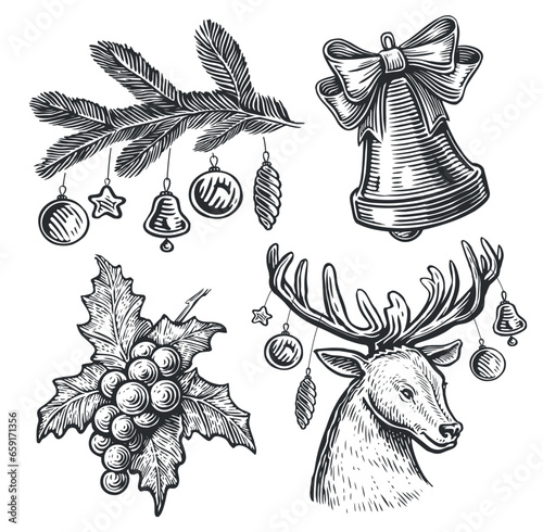 Christmas set vintage sketch vector illustrations engraving style