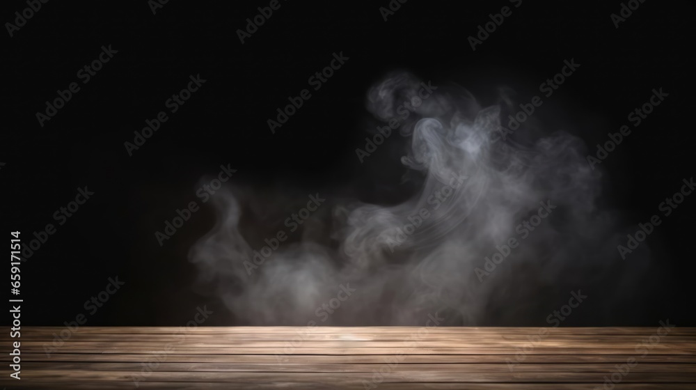 empty wooden table with smoke float up on dark background 