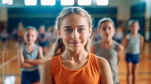 Confident female coach during physical education class at school gym.