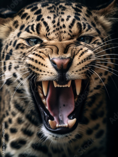 close up portrait of a leopard with a roaring expression. generative ai