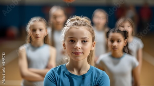 Confident female coach during physical education class at school gym.