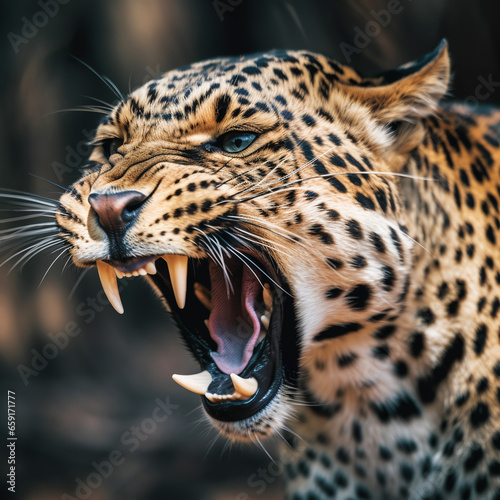 close up portrait of a leopard with a roaring expression. generative ai