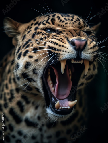 close up portrait of a leopard with a roaring expression. generative ai