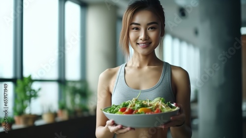 Portrait of cute asian attractive woman hold salad bowl and look at camera. © JKLoma