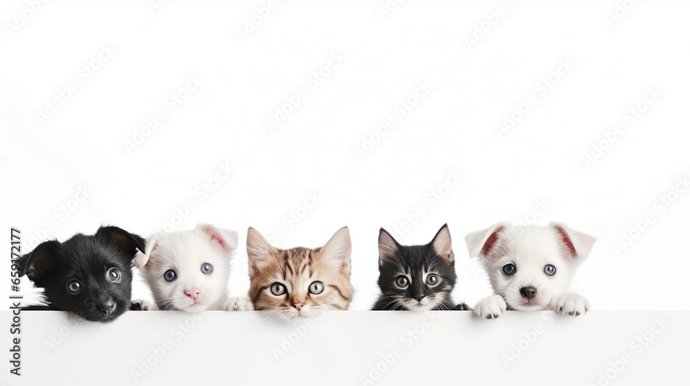 Cats and Dogs Peeking Over White Web Banner