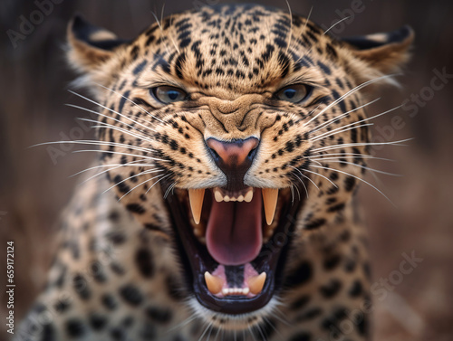 close up portrait of a leopard with a roaring expression. generative ai