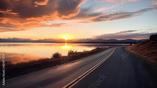 Lake and road at sunset 