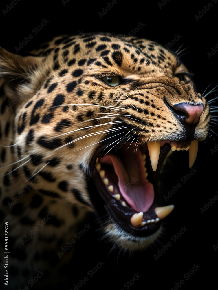 Fototapeta premium close up portrait of a leopard with a roaring expression. generative ai