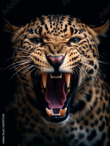 close up portrait of a leopard with a roaring expression. generative ai