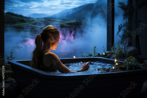 Woman bathing in cold plunge tub with serene landscape as background photo